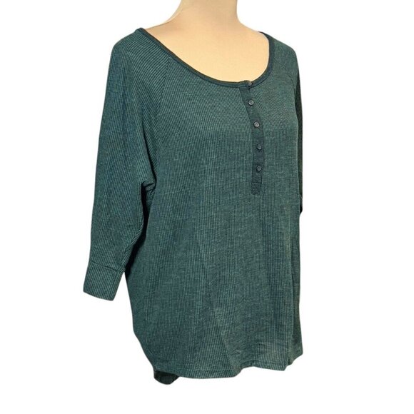 NWOT Alternative Apparel Rib Knit Top Sz.L Half Button Dark Green Basic Y2K - Picture 2 of 10